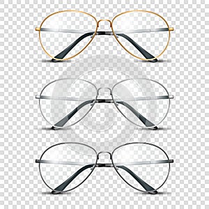 Vector 3d Realistic Round Frame Glasses Set with Colorless Clear Transparent Glass isolated, Transparent Sunglasses for