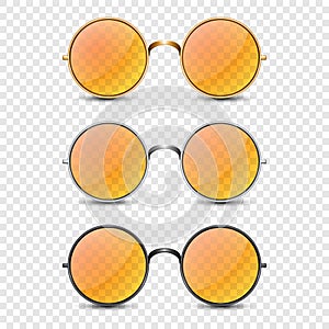 Vector 3d Realistic Round Frame Glasses Set with Orange Glass isolated, Transparent Sunglasses for Women and Men