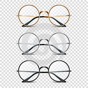 Vector 3d Realistic Round Golden, Silver, Black Frame Glasses Set isolated, Transparent Sunglasses for Women and Men