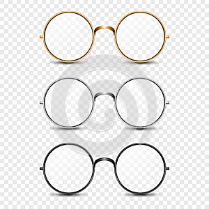 Vector 3d Realistic Round Golden, Silver, Black Frame Glasses Set isolated, Transparent Sunglasses for Women and Men