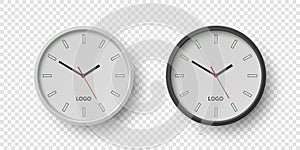 Vector 3d Realistic Round Wall Office Clock Set. White and Black Dial Closeup Isolated. Design Template, Mock-up for