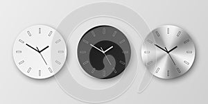 Vector 3d Realistic Round White, Black and Slver or Chrome Steel Wall Office Clock Icon Set Isolated. Design Template of
