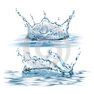 Vector 3d realistic set with blue water splashes