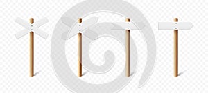 Vector 3D Realistic Sign Post Set. Realistic Blank Road Signboard. Plywood Pointer, Timber Design Template in Front View