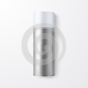 Vector 3d Realistic Silver Blank Spray Can, Spray Bottle Closeup Isolated on White Background. Design Template of