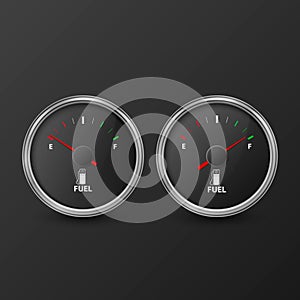 Vector 3d Realistic Silver Circle Gas Fuel Gauge with Black Dial Icon Set Isolated on Black Background. Full and Empty