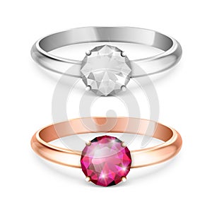 Vector 3d Realistic Silver and Golden Metal Wedding Ring with White and Pink Gemstone, Diamond Closeup Isolated. Design