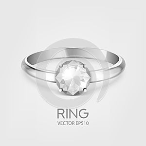 Vector 3d Realistic Silver Metal Wedding Ring with Gemstone, Diamond Closeup Isolated. Design Template of Shiny Golden