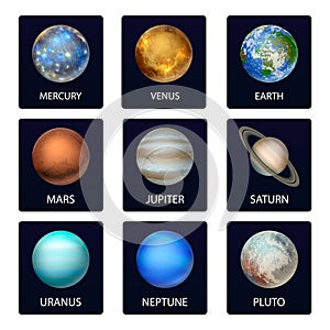 Vector 3d Realistic Space Planet Card, Icon Set. The Planets of the Solar System. Galaxy, Astronomy, Space Exploration