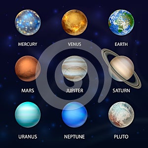 Vector 3d Realistic Space Planet Icon Set on Dark Starry Sky Background. The Planets of the Solar System. Galaxy