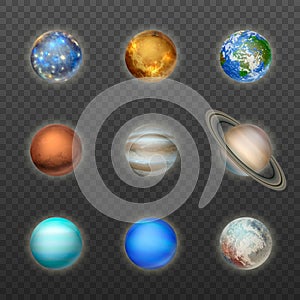 Vector 3d Realistic Space Planet Icon Set on Transparent Background. The Planets of the Solar System. Galaxy, Astronomy