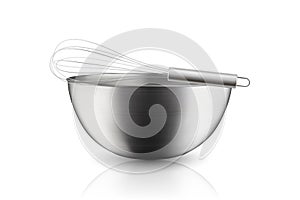 Vector 3d Realistic Steel, Chrome, Silver Metal Hemisphere Circle Bowl and Whisk Closeup Isolated on Transparent