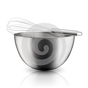 Vector 3d Realistic Steel, Chrome, Silver Metal Hemisphere Circle Bowl and Whisk Closeup Isolated on White Background