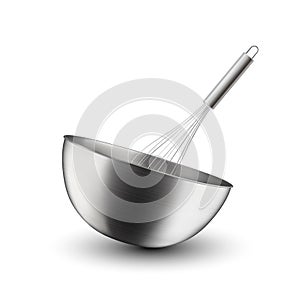 Vector 3d Realistic Steel, Chrome, Silver Metal Hemisphere Circle Bowl and Whisk Closeup Isolated on White Background