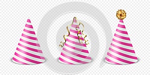 Vector 3d Realistic Striped Pink and White Birthday Party Hat Icon Set Isolated. Party Cap Design Template for Party