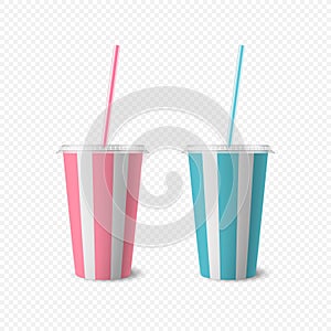 Vector 3d Realistic Striped White Paper Disposable Cup Set with Lid, Straw for Beverage, Drinks Isolated. Coffee, Soda