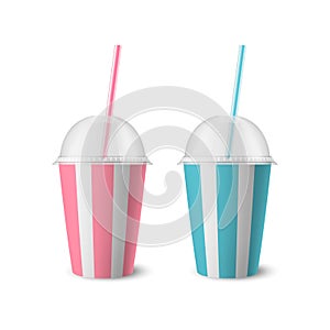 Vector 3d Realistic Striped White Paper Disposable Cup Set with Lid, Straw for Beverage, Drinks Isolated. Coffee, Soda