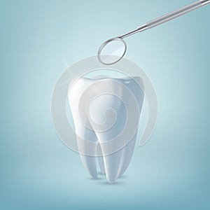 Vector 3d Realistic Tooth and Dental Mirror for Teeth Closeup on Blue Background. Medical Dentist Tool. Design Template