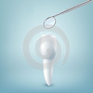 Vector 3d Realistic Tooth and Dental Mirror for Teeth Closeup on Blue Background. Medical Dentist Tool. Design Template