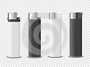 Vector 3d Realistic White and Black Blank Cigarette Lighter Icon Set Closeup Isolated on Transparent Background. Design