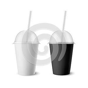 Vector 3d Realistic White, Black Paper Disposable Cup Set with Lid, Straw for Beverage, Drinks Isolated. Coffee, Soda