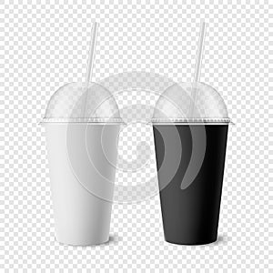 Vector 3d Realistic White, Black Paper Disposable Cup Set with Lid, Straw for Beverage, Drinks Isolated. Coffee, Soda