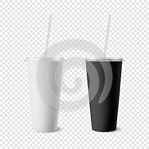 Vector 3d Realistic White, Black Paper Disposable Cup Set with Lid, Straw for Beverage, Drinks Isolated. Coffee, Soda