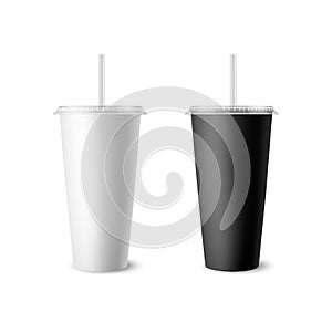 Vector 3d Realistic White, Black Paper Disposable Cup Set with Lid, Straw for Beverage, Drinks Isolated. Coffee, Soda