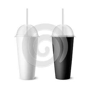 Vector 3d Realistic White, Black Paper Disposable Cup Set with Lid, Straw for Beverage, Drinks Isolated. Coffee, Soda