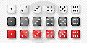 Vector 3d Realistic White, Black, Red Game Dice Icon Set Closeup Isolated. Game Cubes for Gambling, Casino Dices From