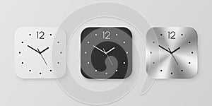 Vector 3d Realistic White, Black and Slver or Chrome Steel Wall Office Clock Icon Set Isolated. Design Template of Wall