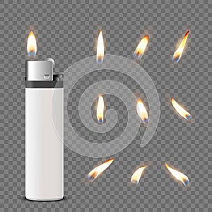 Vector 3d Realistic White Blank Cigarette Lighter Icon Closeup  on Transparent Background with Flame Set. Design