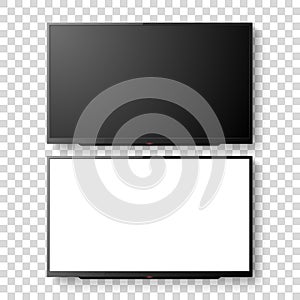 Vector 3d Realistic White Blank TV Screen Set. Modern LCD LED Panel Set Closeup Isolated on Transparent Background