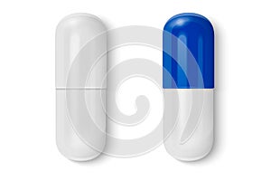 Vector 3d Realistic White and Blue Medical Pill Icon Set Closeup Isolated on White Background. Design template of Pills