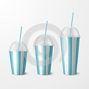 Vector 3d Realistic White and Blue Striped Paper Disposable Cup Set, Lid, Straw. Beverage, Drinks, Coffee, Soda, Tea