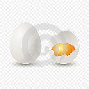 Vector 3d Realistic White Chicken Eggs. Broken Chicken Egg, Cracked Two Parts, Opened Crack Raw Chicken Egg With Yolk