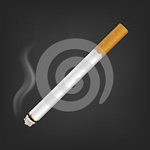 Vector 3d Realistic White Clear Blank Whole Lit Cigarette with Smoke Icon Closeup Isolated on Black Background. Design
