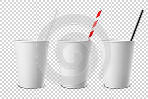 Vector 3d Realistic White Disposable Opened Blank Paper, Plastic Coffee, Tea Cup for Drinks with Straw Icon Set Closeup
