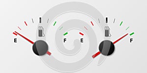 Vector 3d Realistic White Gas Fuel Tank Gauge, Oil Level Bar on White Background. Full and Empty. Car Dashboard Details