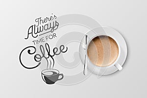 Vector 3d Realistic White Metal Enamel Mug with Foam Coffee - Capuccino, Latte - Isolated. Coffee Cup with Typography