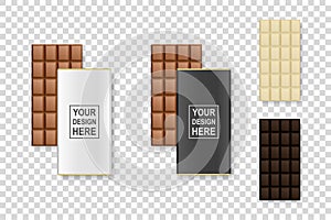 Vector 3d Realistic White, Milk and Dark Black Brown Chocolate Bar Icon Set Closeup Isolated on Transparent Background