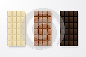 Vector 3d Realistic White, Milk and Dark Black Chocolate Bar Icon Set Closeup Isolated on White Background. Design