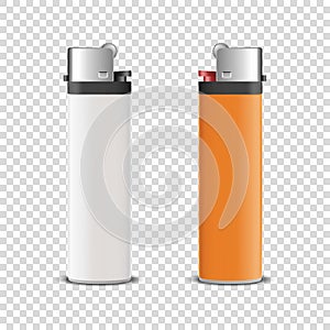 Vector 3d Realistic White and Orange Blank Cigarette Lighter Icon Set Closeup Isolated on Transparent Background. Design