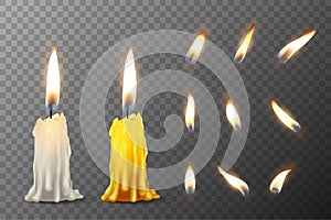 Vector 3d realistic white and orange paraffin or wax burning party candle or candle stump and different flame of a