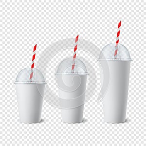 Vector 3d Realistic White Paper Disposable Cup Set with Lid, Straw for Beverage, Drinks Isolated. Coffee, Soda, Tea