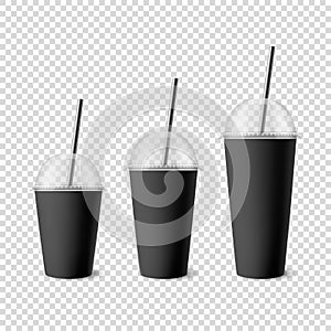 Vector 3d Realistic White Paper Disposable Cup Set with Lid, Straw for Beverage, Drinks Isolated. Coffee, Soda, Tea