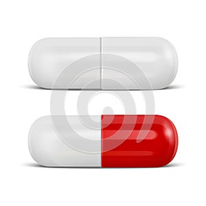 Vector 3d Realistic White and Red Medical Pill Icon Set Closeup Isolated on White Background. Design template of Pills