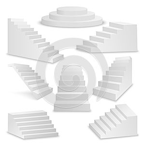 Vector 3d Realistic White Stairs Icon Set Closeup Isolated on White Background. Design Template of Interior Staircases