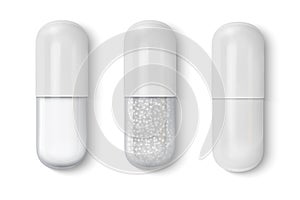 Vector 3d Realistic White and Transparent Medical Pill Icon Set Closeup Isolated on White Background. Design template of