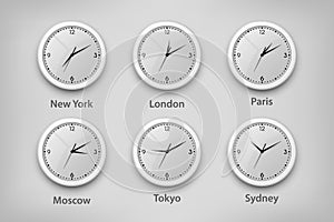 Vector 3d Realistic White Wall Office Clock Set. Time Zones of Different Cities, White Dial. Design Template of Wall